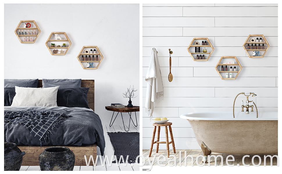 Wall Mounted Wooden Hexagon Floating Shelf